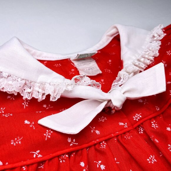 Vintage Peaches 'n Cream Red Floral Full Circle Lace Collared Dress 9m / 12m - Picture 5 of 13